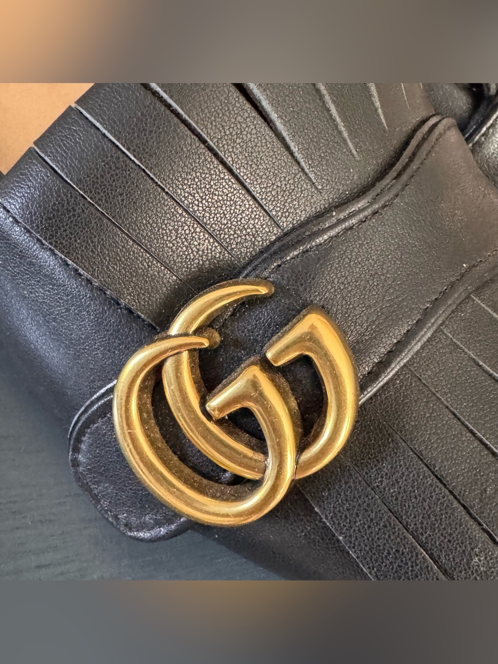 Gucci Marmont black leather low heels size 8 gold G black fringe - Picture 5 of 11